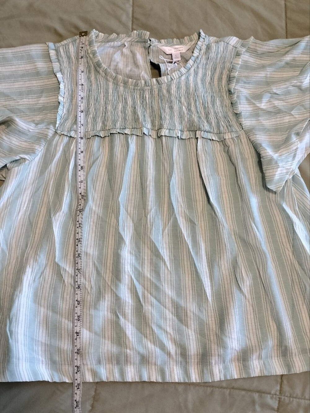 NWT LC Lauren Conrad Mint Green Striped Smocked Yoke Ruffle Sleeve Blouse - Picture 8 of 9